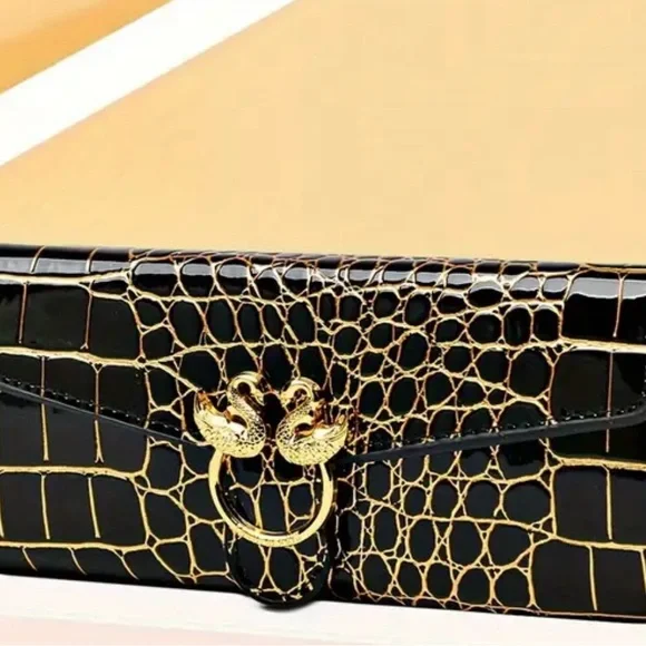 NWOT, Elegant Black and Gold Reptile Design with golden swans clutch or wallet - Picture 3 of 6